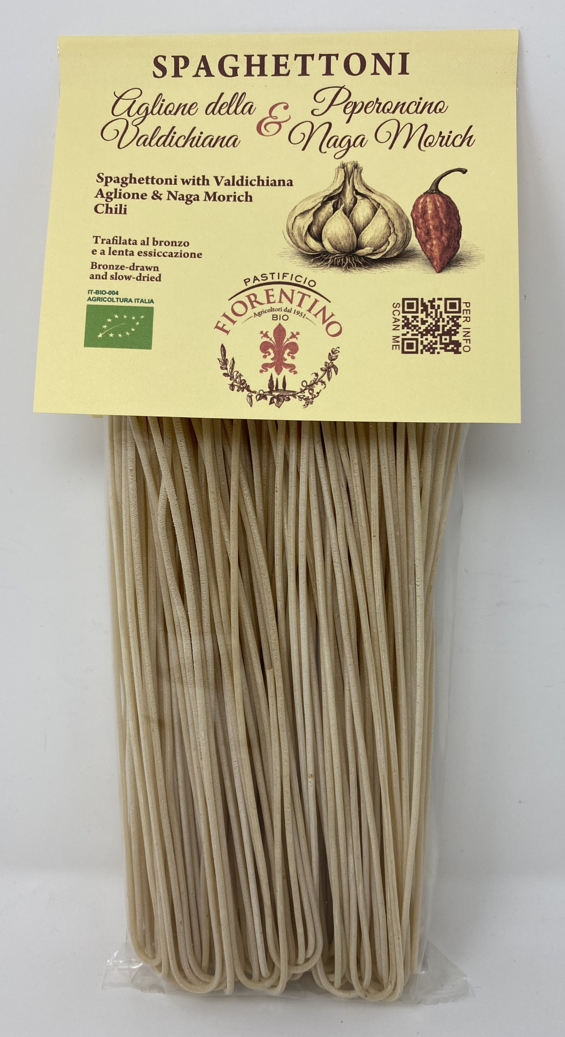 Spaghettoni Bio all’Aglione della Valdichiana e peperoncino Naga Morich